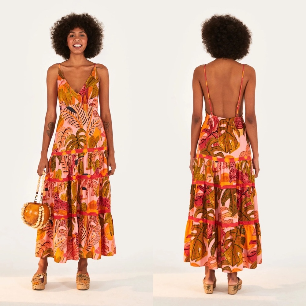 FARM Rio Pink Orange Tropical Print Midi Dress